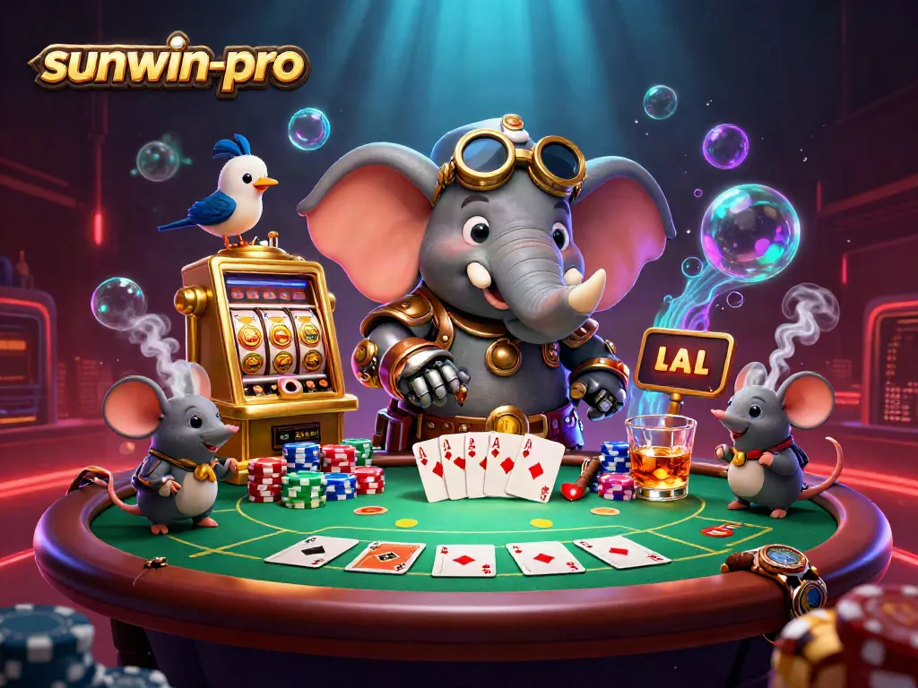 Engage with the vibrant world of sunwin-pro as a steampunk elephant engineer operates a golden slot machine.