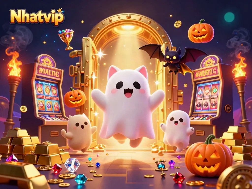 Nhatvip showcases a vibrant casino scene with a ghost cat and vampire bat surrounded by treasures and glowing jack-o-lanterns.