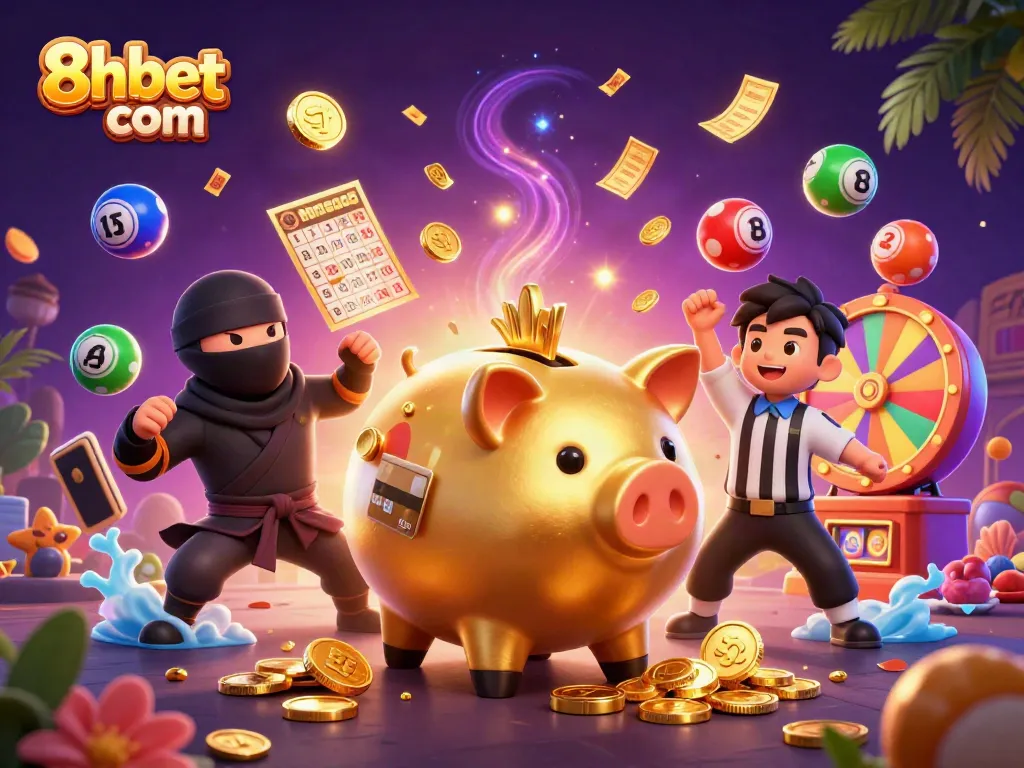 Exciting 3D scene showcasing the casino action of 8xbet com with colorful lottery elements and dynamic characters.