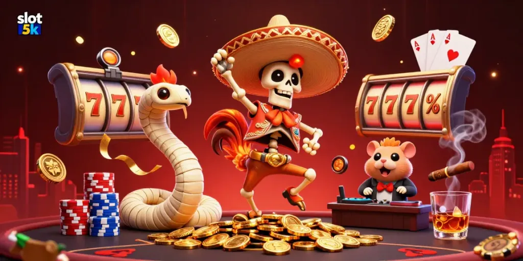 Win big with slot 5k as a cartoon mariachi rooster dances on coins amidst colorful slot reels.