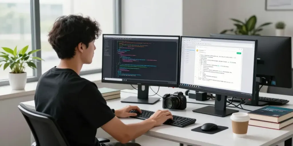 A software developer troubleshooting a pecah 404 error on dual monitors in a modern workspace.