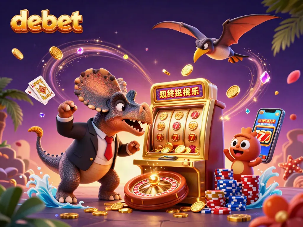 debet jackpot with dinosaurs celebrating winnings at a colorful casino scene