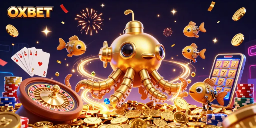 Betting with OXBET using a vibrant, action-packed 3D casino illustration highlighting dynamic game elements.