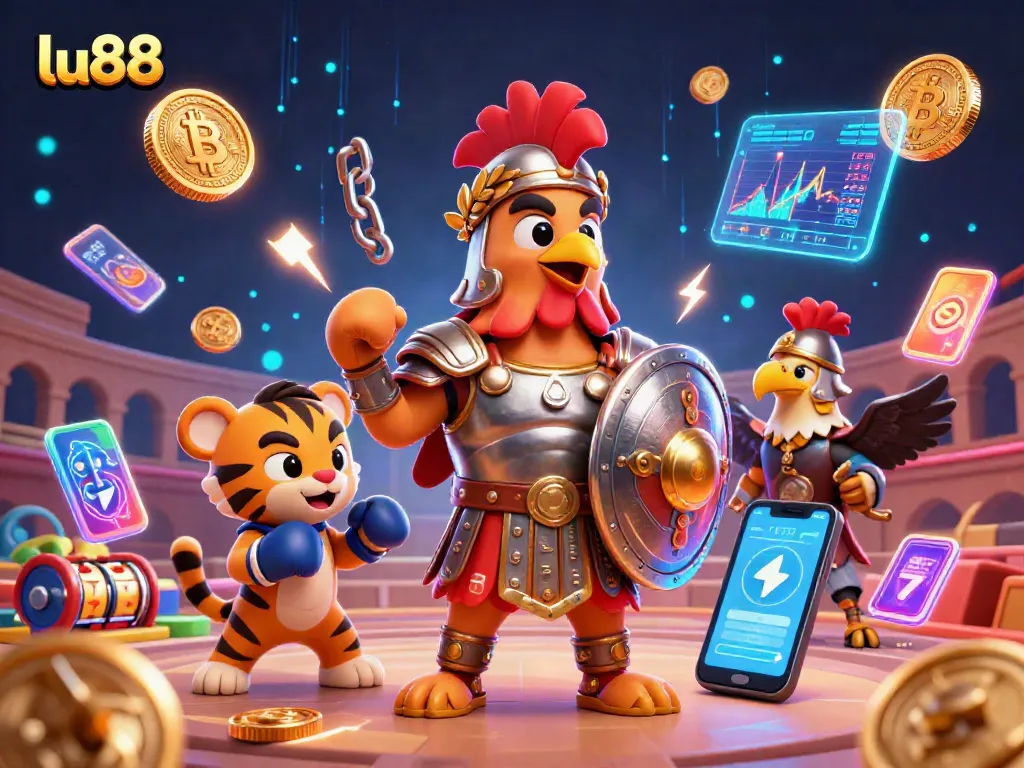 lu88 slots rattle as a gladiator rooster in armor interacts with crypto-themed elements and a sparring cub.