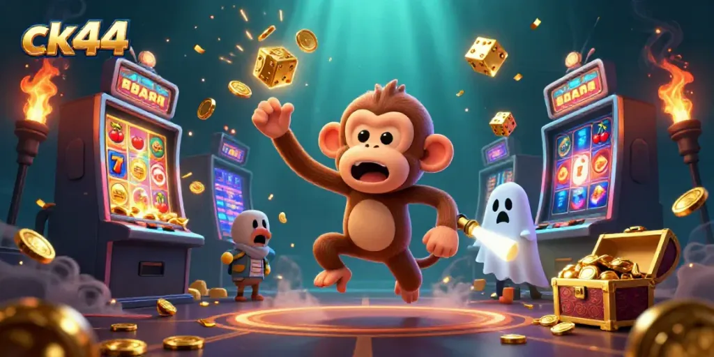 Experience the thrill at ck44 with an energetic 3D scene of a playful poltergeist monkey and curious ghost-hunter puppy in a casino.