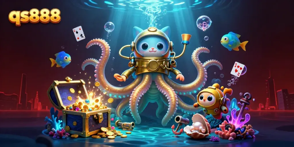 Experience the thrill of qs888 with a colossal kraken and diving cat amidst underwater treasures and gaming elements.
