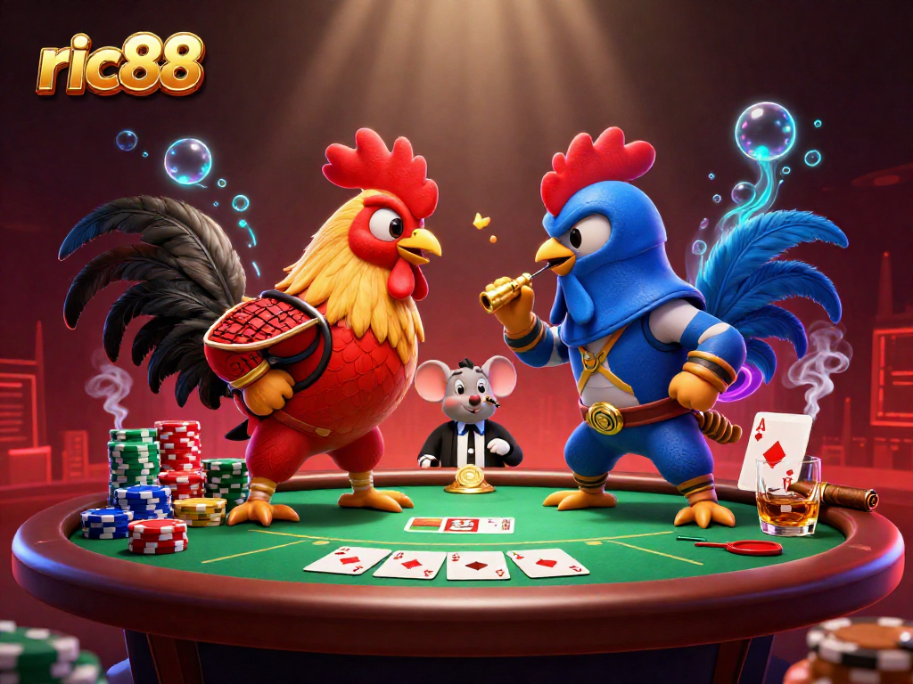 Engage with ric88 in a vibrant gambling scene featuring fierce roosters and poker dynamics.