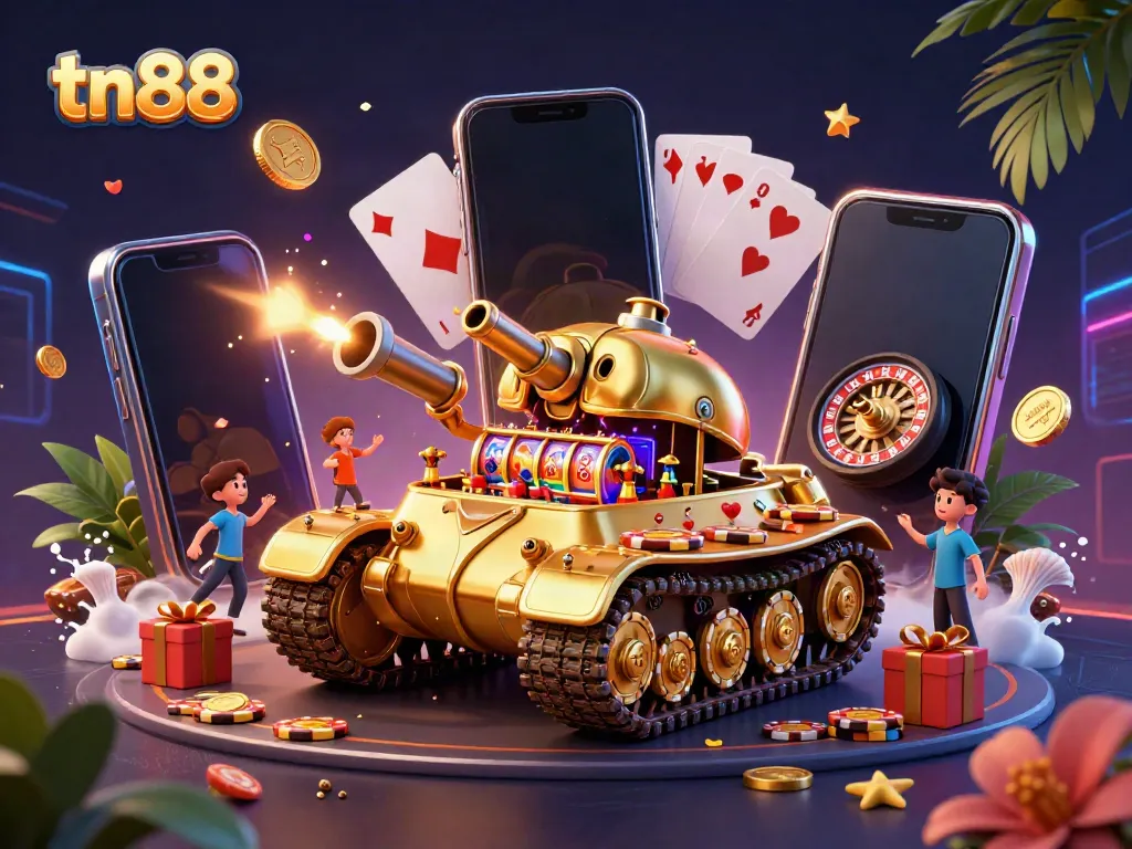 Experience excitement at tn88 with a golden beetle tank casino illustration showcasing games and winnings.