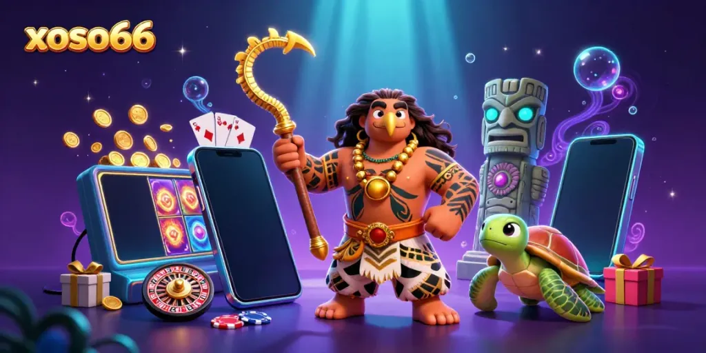 Engage with xoso66's vibrant slots scene featuring a Hawaiian demigod and a turtle companion.