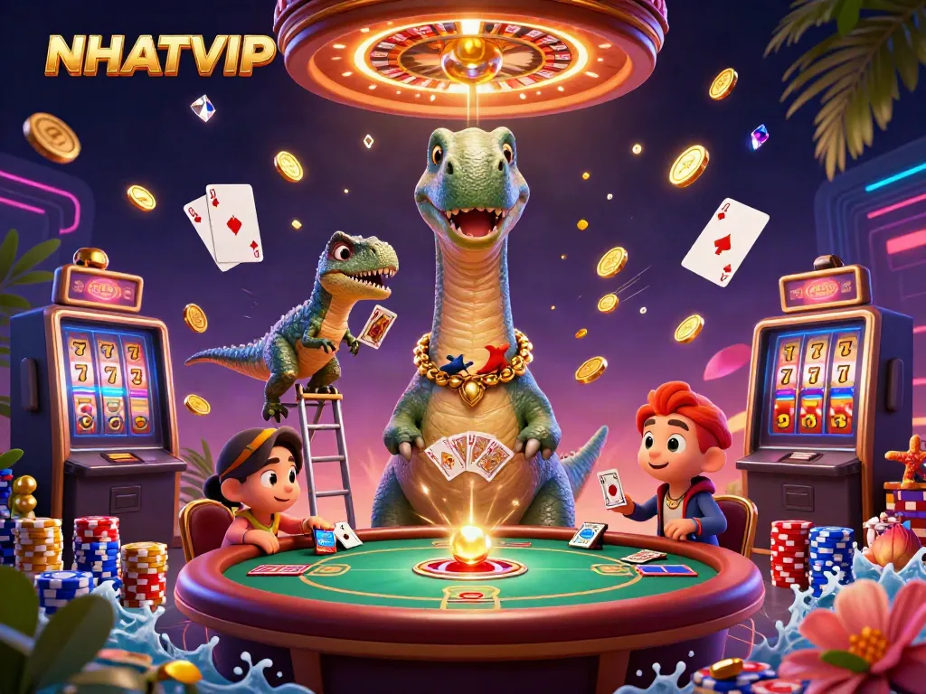 Experience NHATVIP fun with a giant brontosaurus dealer at a lively casino scene!