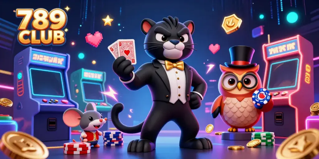 Engage in thrilling card games at 789 CLUB with stylish characters in a vibrant casino setting.