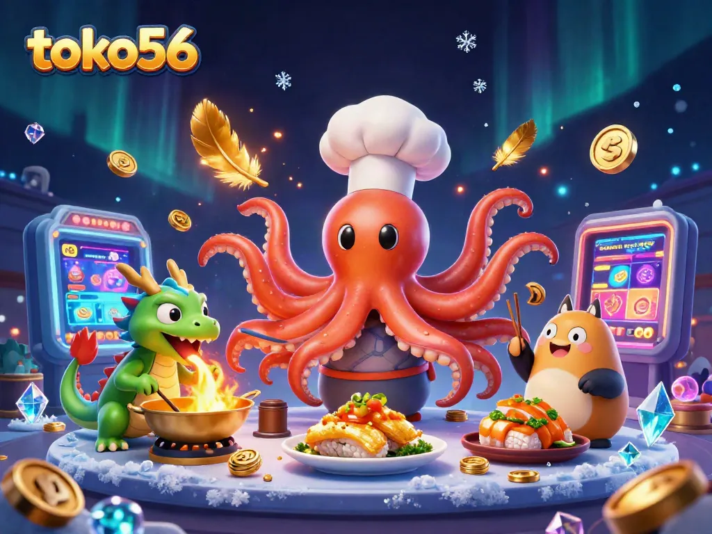 Engage in thrilling gaming adventures at toko56 with a whimsical 3D illustration featuring a cartoon octopus chef, dragon, and tanuki.