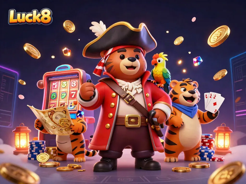 Luck8 showcases vibrant pirate-themed casino elements with characters, treasure, and games!