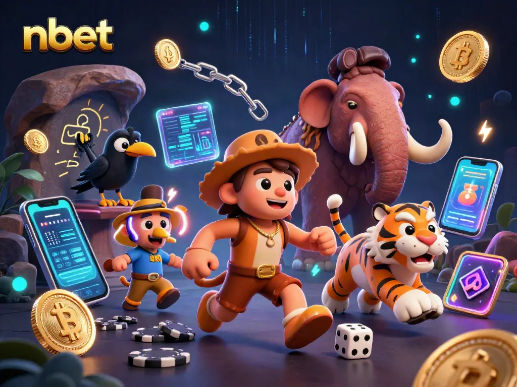 Experience nbet with a lively 3D scene of cartoon caveman and tiger running a casino amid crypto elements.