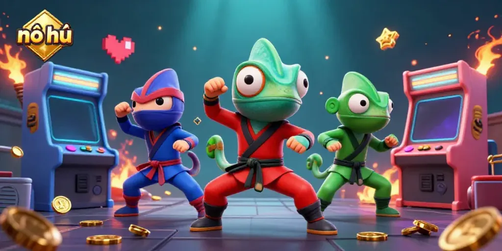 Experience nổ hũ gameplay with chameleon ninjas and vibrant casino elements in this dynamic illustration.