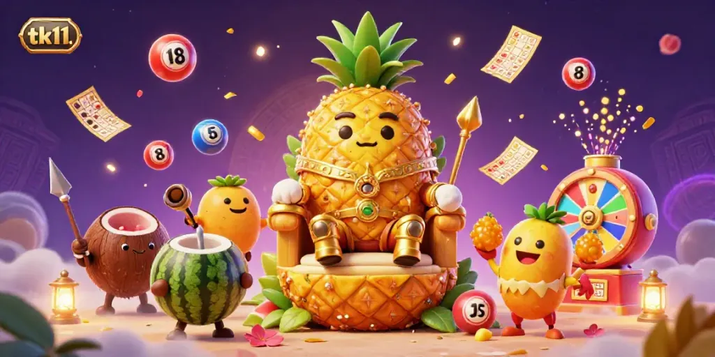 Experience the vibrant excitement of tk11 with a golden pineapple king and dynamic casino elements.