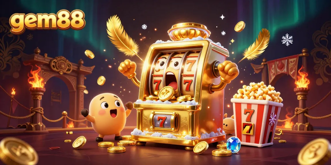 Experience the thrill of gem88’s golden slot machine hitting a jackpot surrounded by cheering companions.