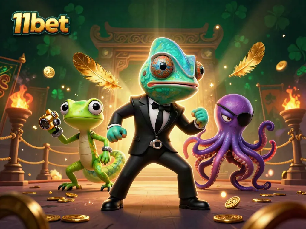 Engage in thrilling adventures at 11bet, showcasing colorful characters and casino excitement.