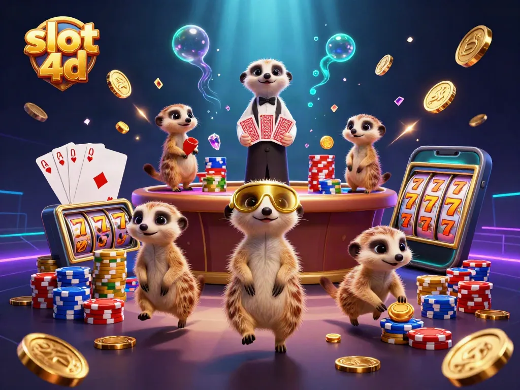 Slot 4D memperlihatkan koloni meerkat yang menjalankan kasino dengan chip dan uang emas.