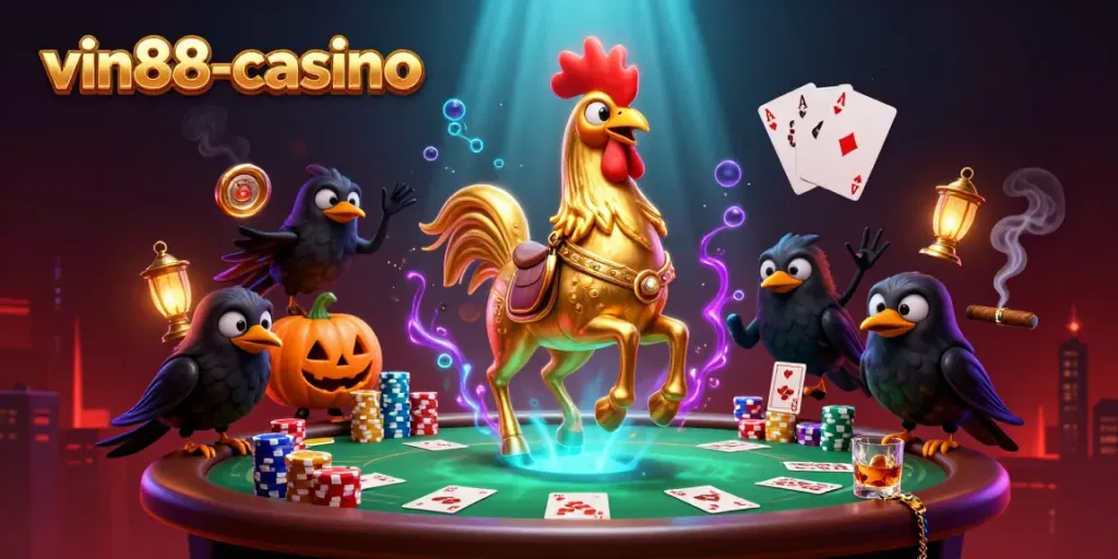 Experience excitement at vin88-casino with a vibrant midnight scene filled with poker action and animated characters.