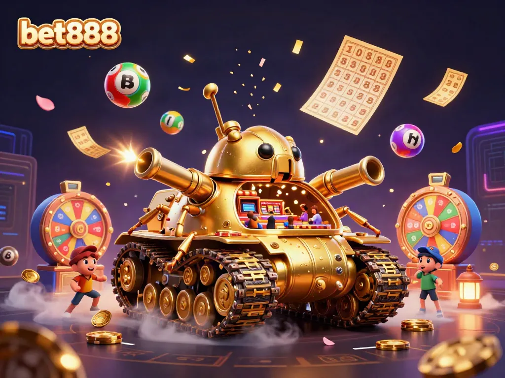 Engage with bet888's vibrant casino action featuring a golden beetle tank revealing a mini casino.