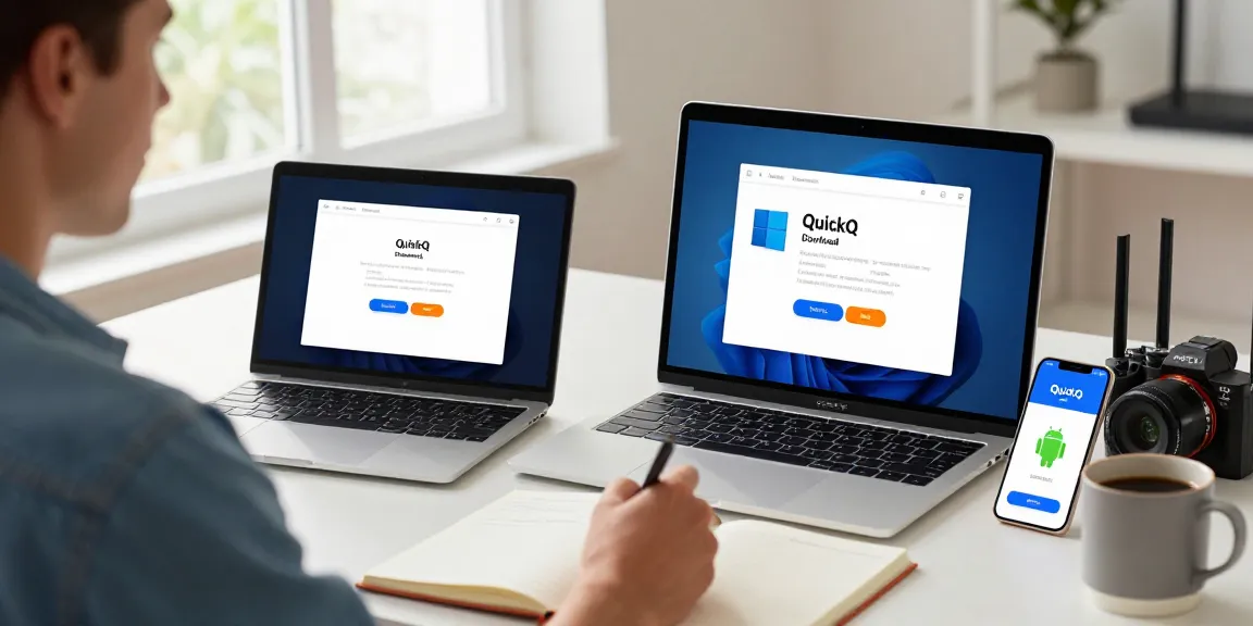 访问 quickq官网，用户在桌面上选择合适的 QuickQ 版本进行下载，设备多样，环境明亮。