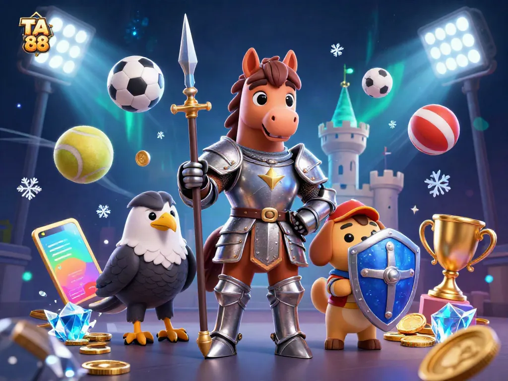 Experience the excitement of TA 88 with knights and sports-themed elements in a dynamic digital illustration.