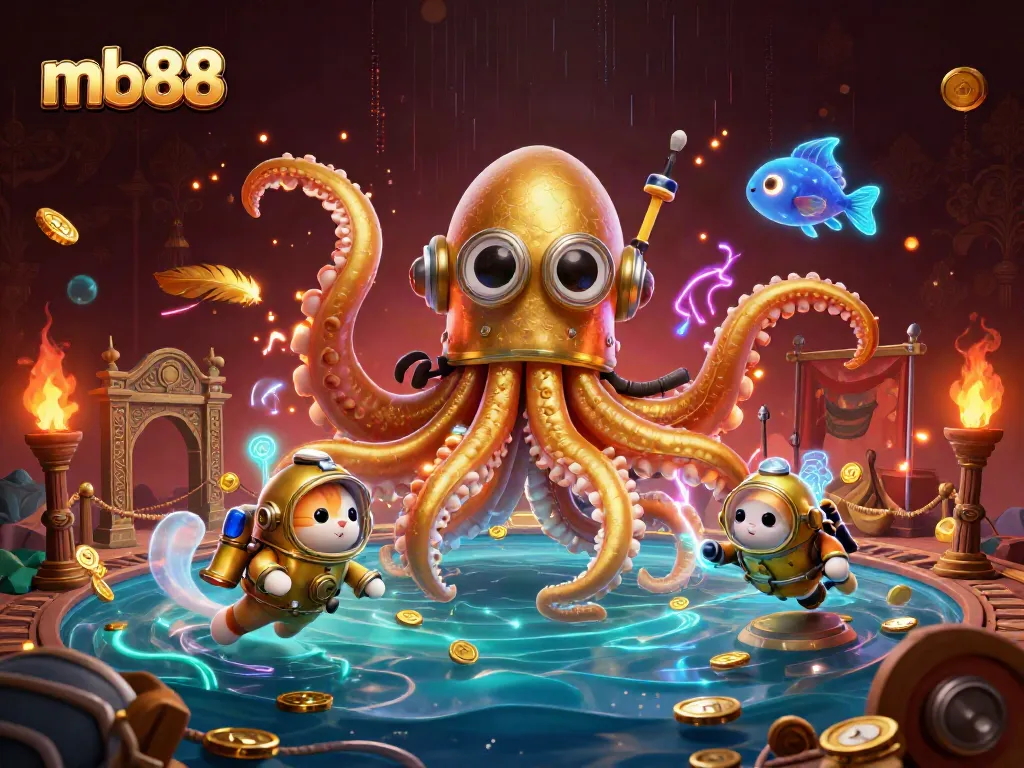 Join the thrilling experience at mb88 with a colossal kraken, diving cat, and vibrant deep-sea fish.