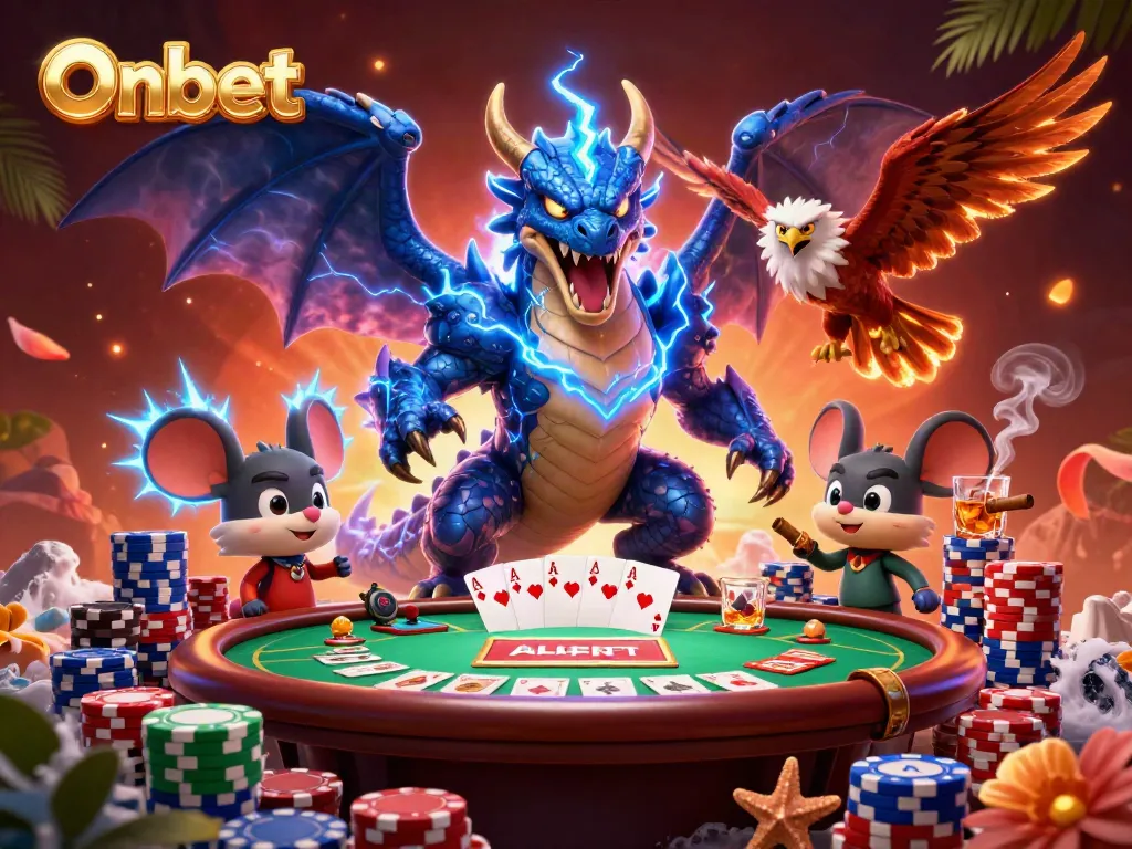 Engaging Onbet scene with thunder dragon, poker elements, and vibrant casino atmosphere