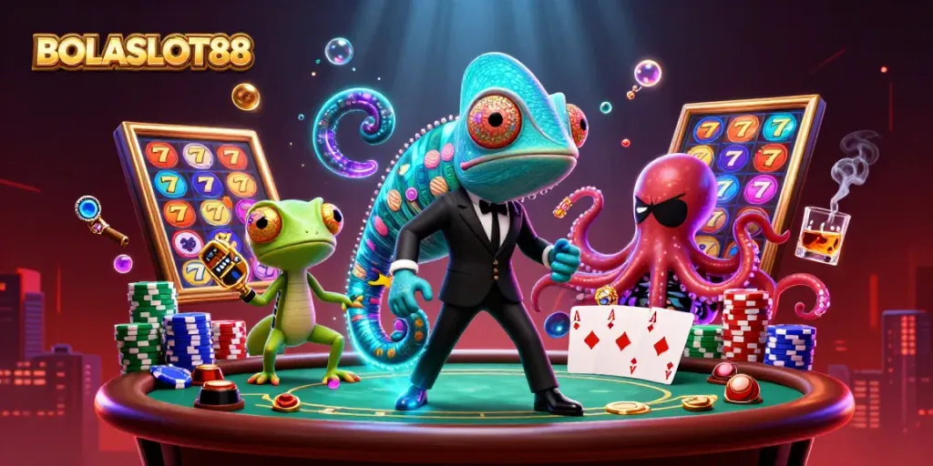 Engage with BOLASLOT88 through this dynamic casino scene featuring vibrant slot reels and playful characters.