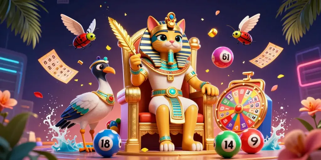 Experience the vibrant world of ga888 with this detailed illustration showcasing casino elements and a pharaoh theme.