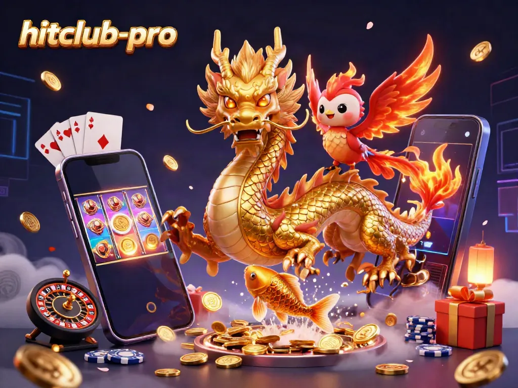 Experience the thrilling action at hitclub-pro with a vibrant 3D casino scene featuring dynamic gambling elements.