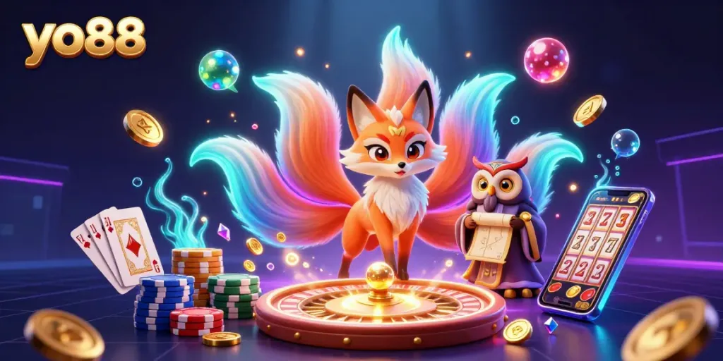 Engage with exciting gaming action at yo88, showcasing a vibrant fox spirit among casino elements.