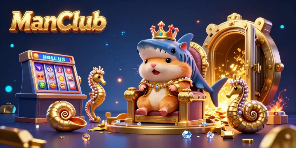 ManClub features a golden hamster king surrounded by slot reels and gems in a vibrant casino setting.
