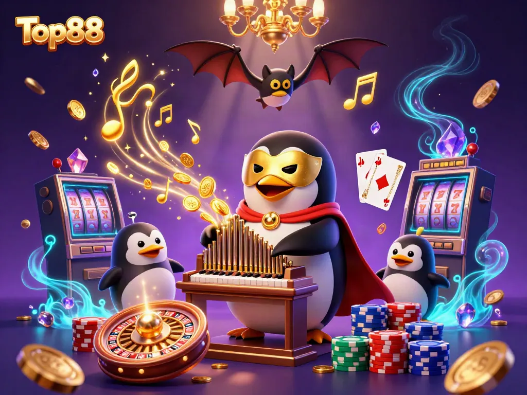Witness the Top88 gaming adventure with a penguin organist shooting golden coins, amidst colorful casino elements.