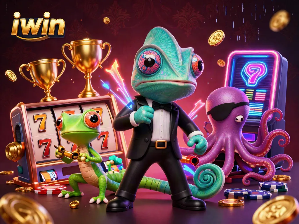 Experience excitement with iwin's vibrant 3D casino scene featuring a secret agent chameleon, a tech gecko, and an octopus.