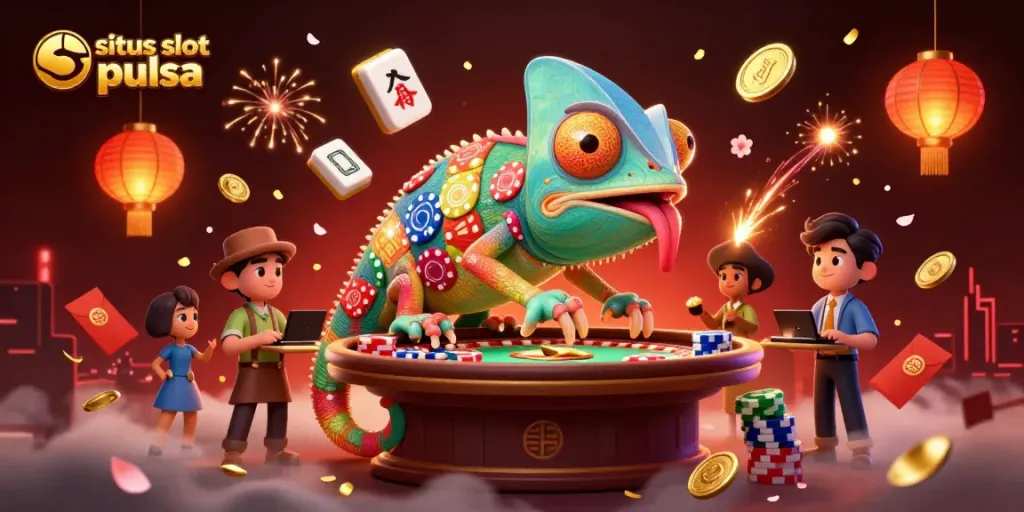 Engage with situs slot pulsa in a vibrant 3D casino scene with a chameleon owner and dynamic game elements.