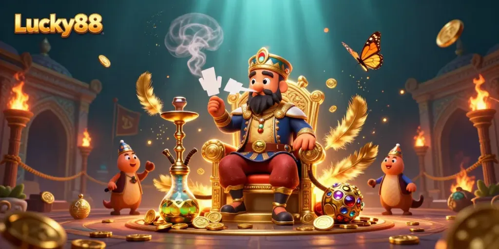 Experience Lucky88 with an energetic scene featuring a whimsical caterpillar, golden coins, and dynamic casino elements.