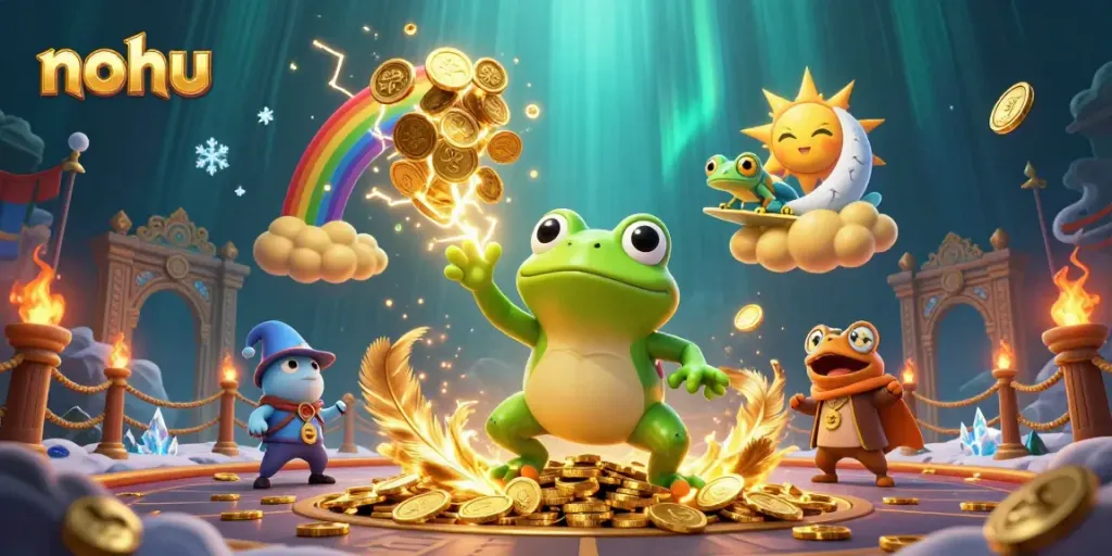 Spin the nohu jackpot with colorful characters and gold coins in a vibrant casino world.
