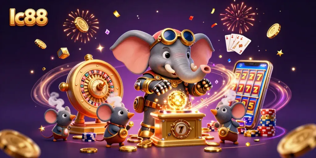 Experience the thrill of lc88 with a dynamic steampunk-themed casino scene featuring a golden slot machine and vibrant game elements.