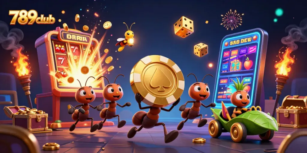 Join the 789club adventure as cartoon ants heist a giant poker chip amidst casino elements.