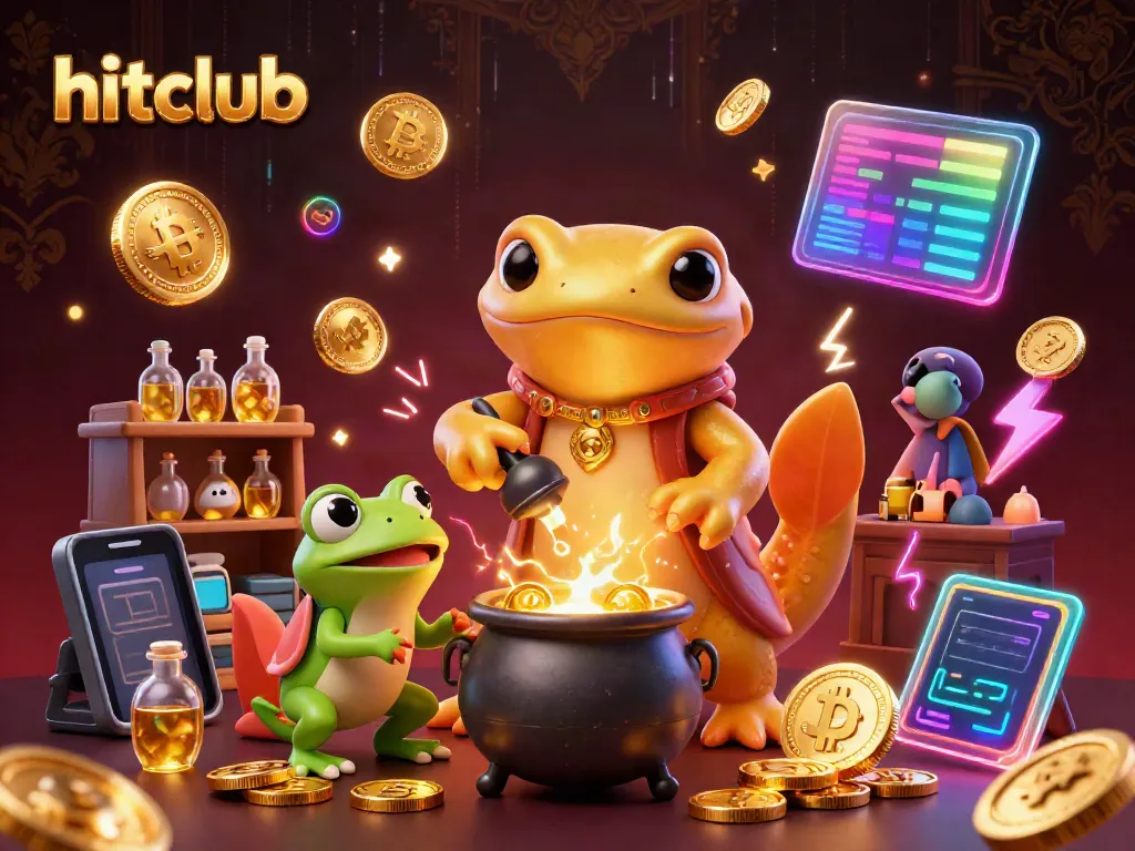 Engage in thrilling gameplay at hitclub with a vibrant scene of a golden alchemist and cashing in crypto rewards.