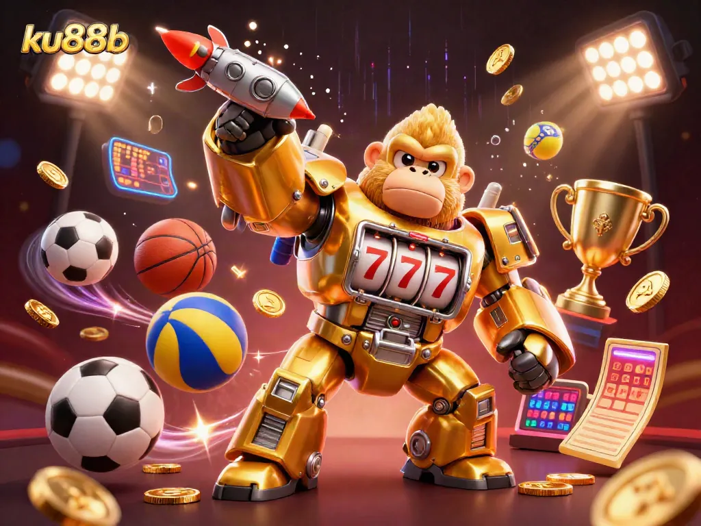 Engage with ku88b's gaming excitement through a dynamic 3D casino-themed illustration.