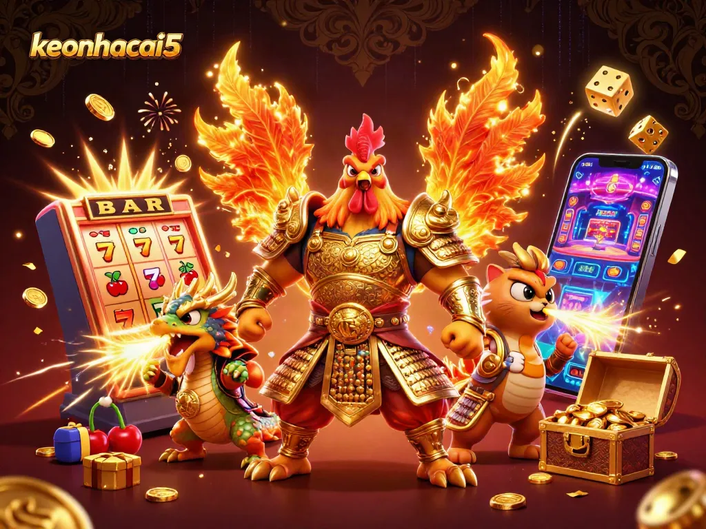 Experience the excitement of keonhacai5 with a dynamic scene featuring a samurai rooster warrior and dragon hatchling among casino elements.