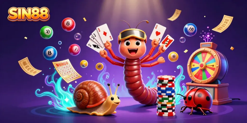 Engage in the exciting world of SIN88 with a playful 3D illustration featuring vibrant casino elements and characters.