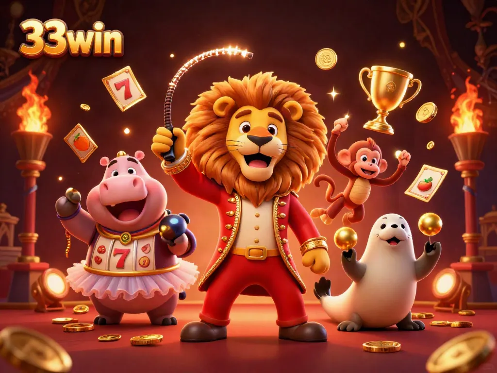 Experience thrilling slots action with 33win featuring vibrant 3D characters in a lively casino scene.