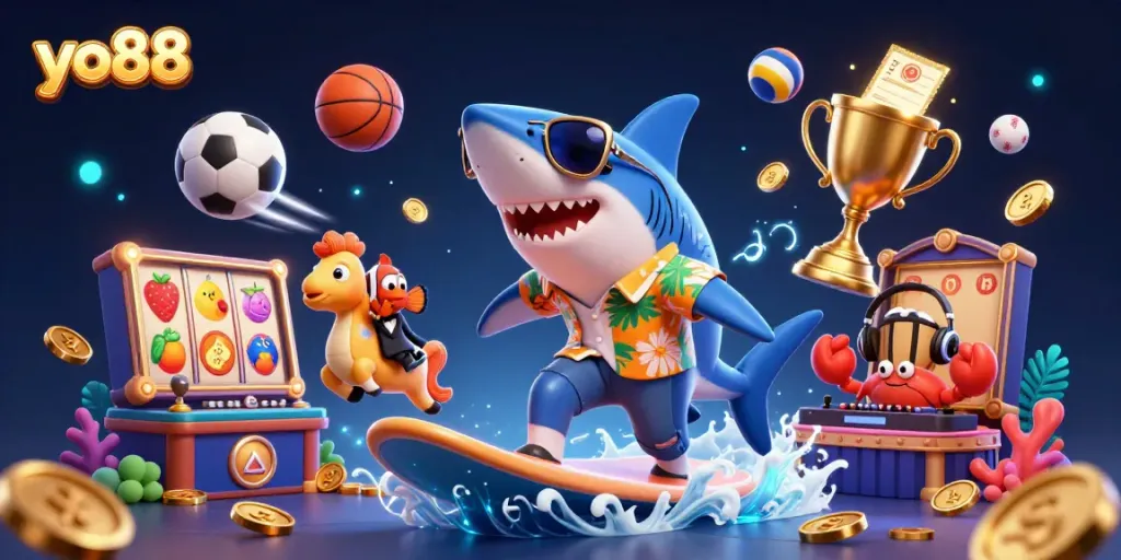 Experience thrilling wins at yo88 with a dynamic scene featuring a shark, clownfish, and crab DJ in an exciting casino setting.