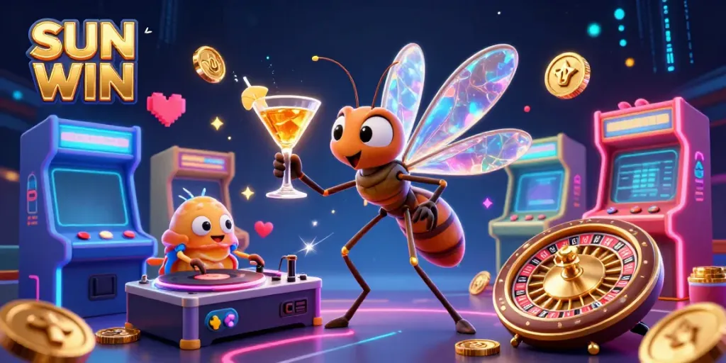 Experience excitement at SUN WIN while a frozen mosquito casino mascot and trilobite DJ bring gambling to life.