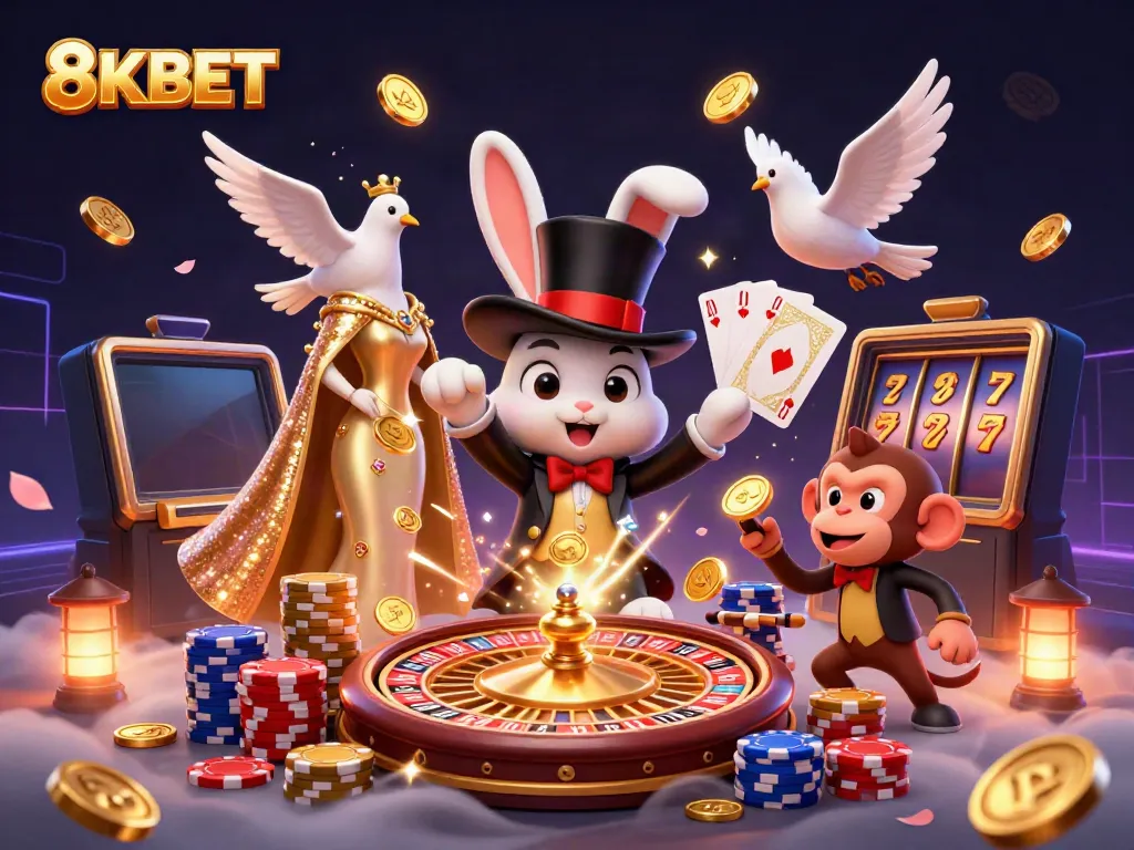 Experience the excitement of 8KBET with a vibrant illustration of a magician rabbit and friends in a dynamic casino scene.