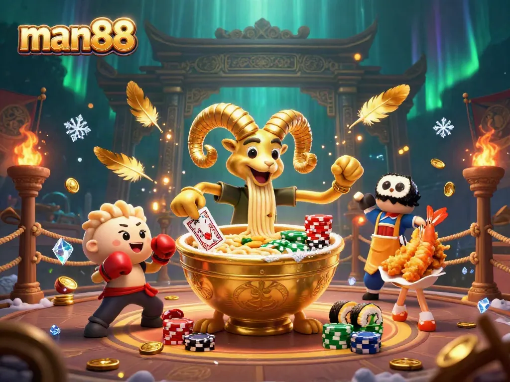 Exciting man88 scene featuring a golden ramen bowl character dealing cards in a vibrant casino setting.